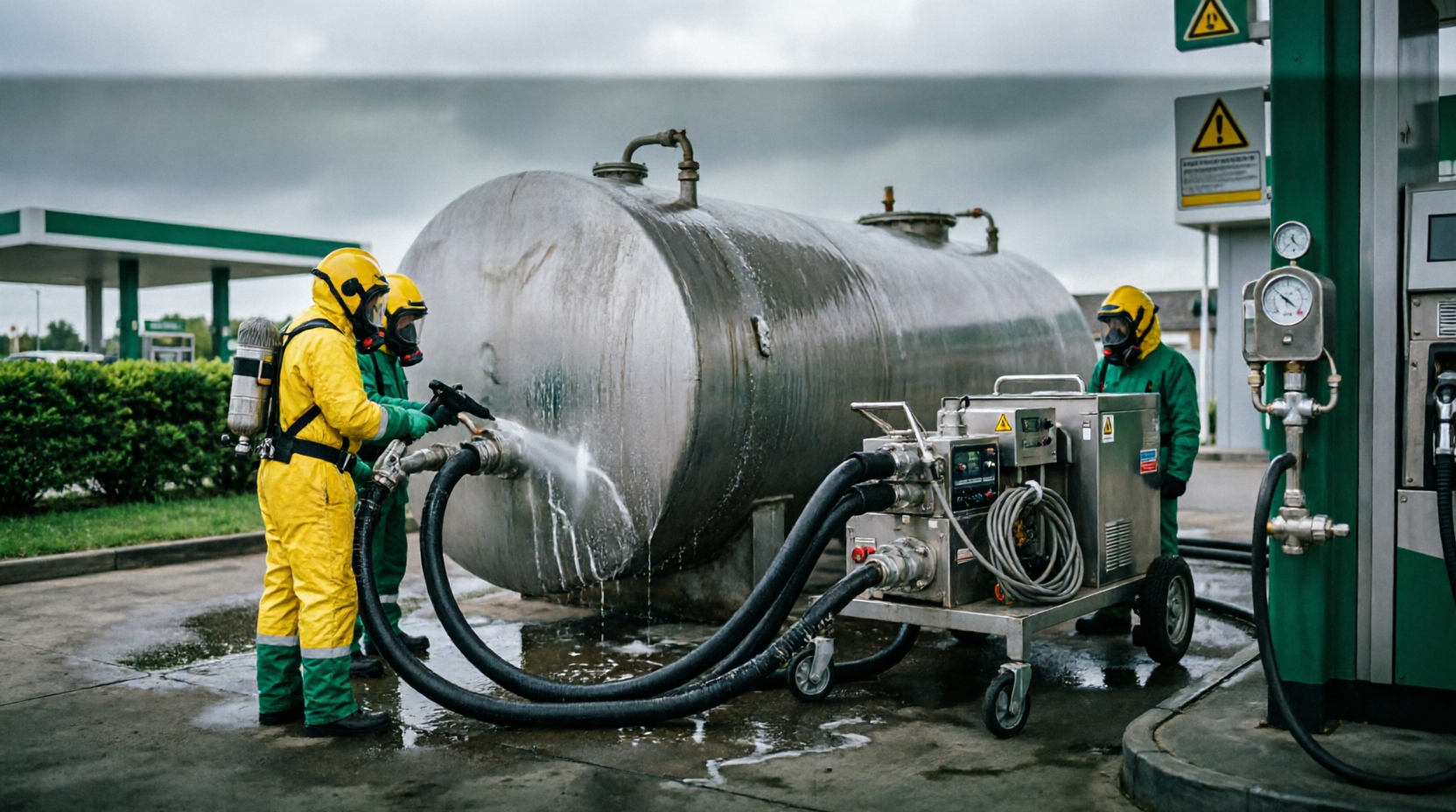 Estación de servicio moderna con elementos ecológicos, limpieza de gasolineras SolEco